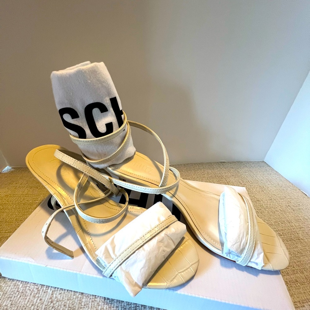 Schutz kitten heal, strappy sandals, pearl color